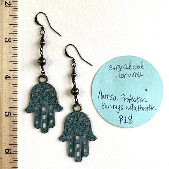 Handmade Jewelry - HAMSA Hematite Dangle Earrings Surgical Steel French Wires Handmade Green NEW